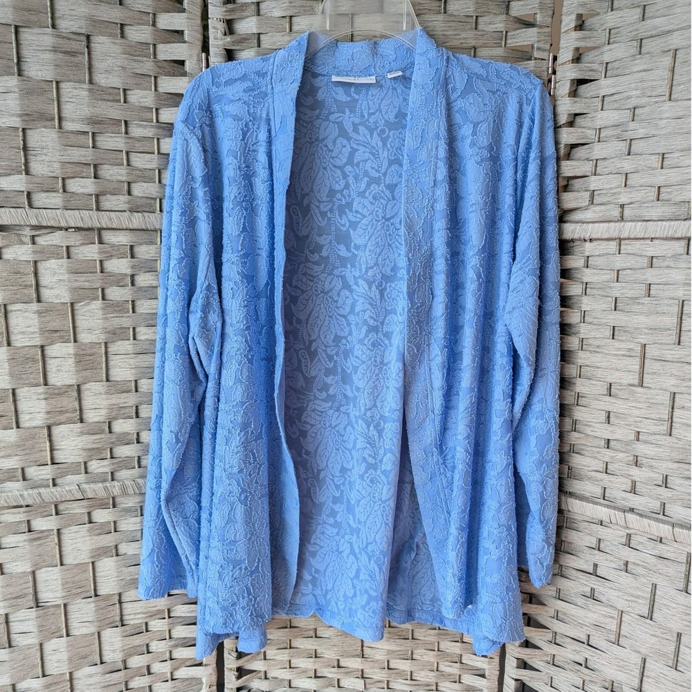 Susan Graver Cardigan Cornflower Blue Floral Burnout Textured Open Front Sz XLP